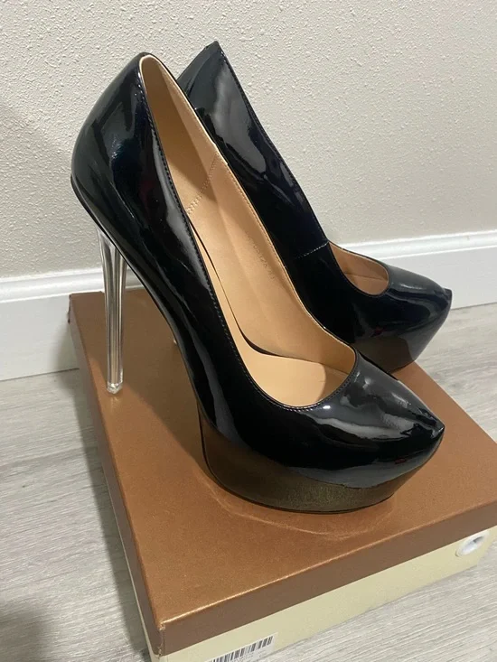 Black Patent Platform Pumps with Clear Stiletto Heel - Picture 3 of 7